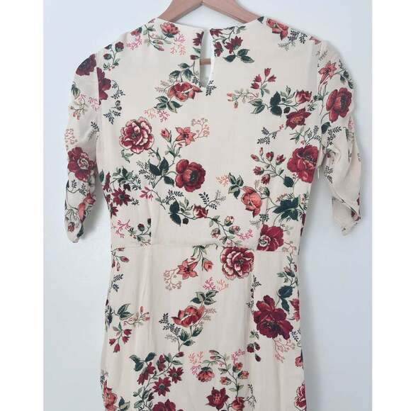 Maje Floral Print Ruched Midi Dress with Adjustable Drawstring Slit Size 2 - Picture 4 of 9